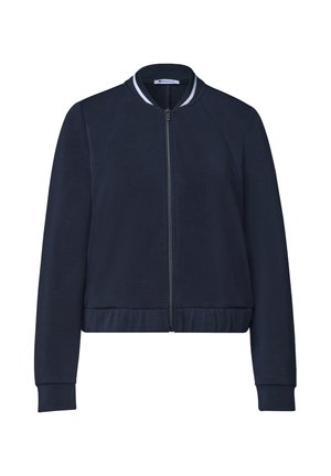 Marineblaue Bomberjacke mit Frontreißverschluss, geripptem Kragen mit weißen Streifen, langen Ärmeln und elastischem Bund.