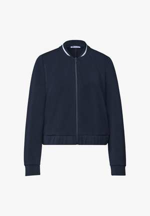 Marineblaue Bomberjacke mit Frontreißverschluss, geripptem Kragen mit weißen Streifen, langen Ärmeln und elastischem Bund.