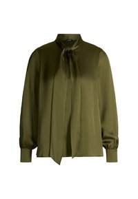 Blusa verde oliva in tessuto seta, con colletto alto, maniche lunghe a sbuffo e dettaglio del collo legato. Tessuto liscio, design elegante.