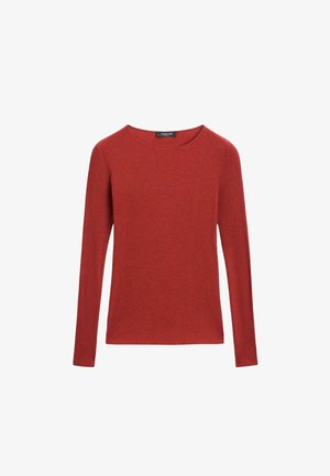 Pull long à manches longues rouge côtelé avec un col rond. Le tissu a une texture douce et une coupe ajustée, idéale pour un style décontracté.