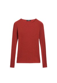 Maglione lungo a maniche lunghe rosso a coste con scollatura rotonda. Il tessuto ha una consistenza morbida e una forma aderente, adatto per l'abbigliamento casual.