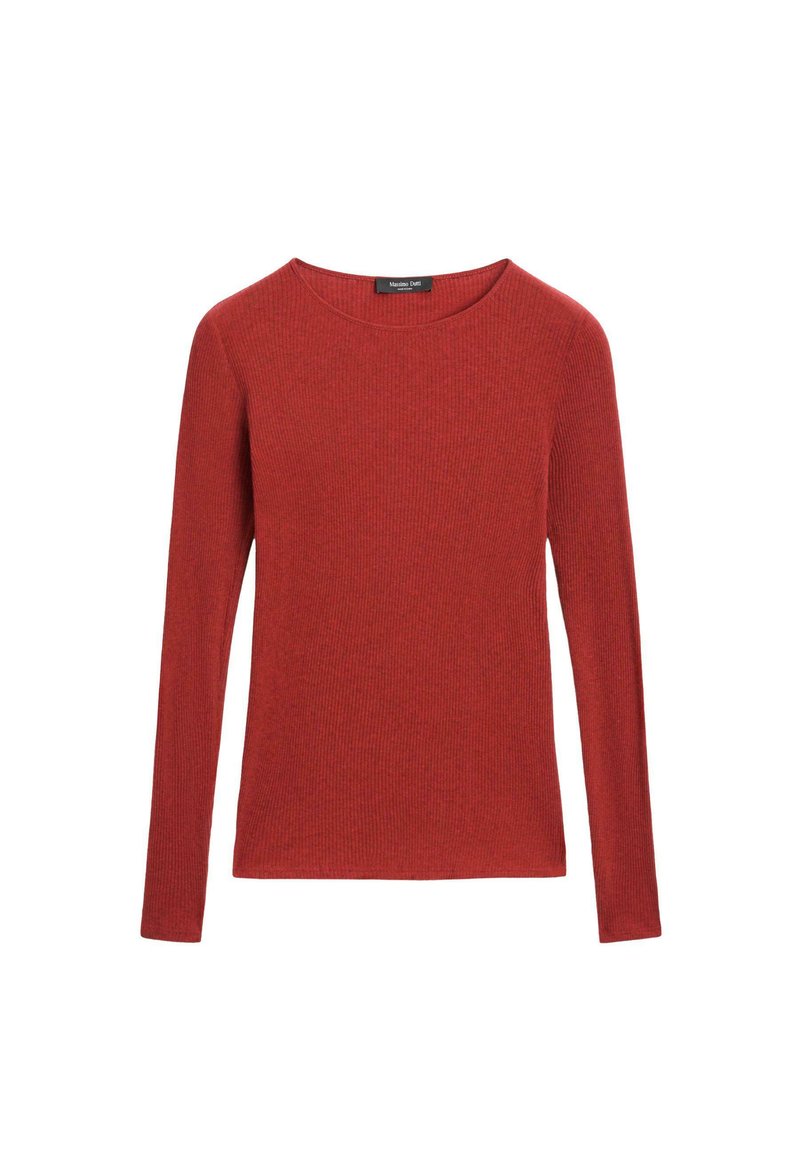 Maglione lungo a maniche lunghe rosso a coste con scollatura rotonda. Il tessuto ha una consistenza morbida e una forma aderente, adatto per l'abbigliamento casual.