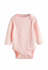 Body niemowlęce z długim rękawem w delikatnym różu, ozdobione subtelnym wzorem kwiatowym i postaciami, z zatrzaskami na dole ułatwiającymi ubieranie.