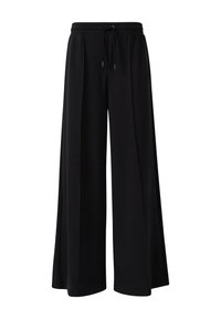Pantalons larges noirs en tissu doux, dotés d'une taille élastique avec cordon de serrage et de détails plissés à l'avant.
