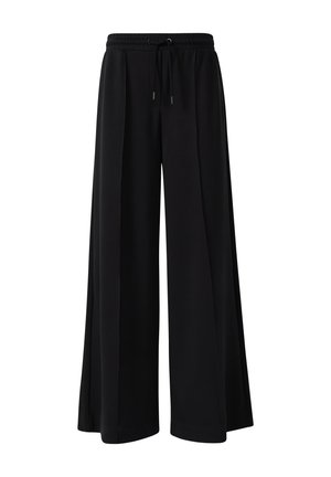 Pantalons larges noirs en tissu doux, dotés d'une taille élastique avec cordon de serrage et de détails plissés à l'avant.