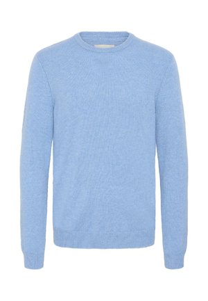 Light blue sweater made of soft-knit material; features a round neckline, long sleeves, and ribbed cuffs and hem. Smooth texture.