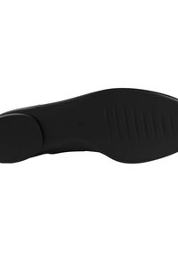 Black shoe sole with a smooth finish, featuring a textured grip pattern and a rounded heel. The material appears durable and flexible.