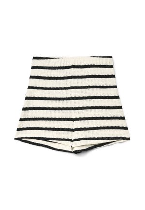 Pantaloncini in maglia bianca con strisce orizzontali nere e una fascia elastica in vita, distesi su uno sfondo bianco.