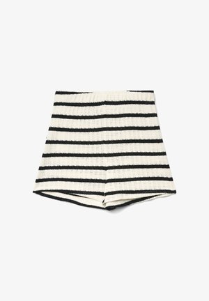 Pantaloncini in maglia bianca con strisce orizzontali nere e una fascia elastica in vita, distesi su uno sfondo bianco.