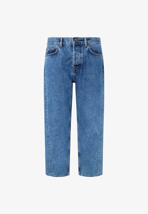 Jeans in denim blu con una vestibilità ampia, gambe dritte e cinque tasche. Presentano una chiusura con bottone e zip, con dettagli di cucitura discreti.