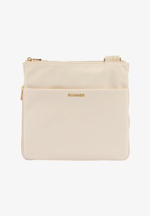 Beige nylon taske med gulddetaljer, lynlås, øverste håndtag og logodetalje. Glat tekstur med et slankt, rektangulært design og forlomme.