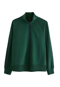 Grøn lynlåsjakke med høj krave, ribbede manchetter og kontrasterende sidestriber. Lavet af glat, strækbart stof.