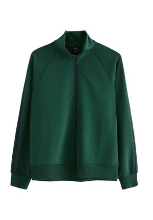 Grøn lynlåsjakke med høj krave, ribbede manchetter og kontrasterende sidestriber. Lavet af glat, strækbart stof.