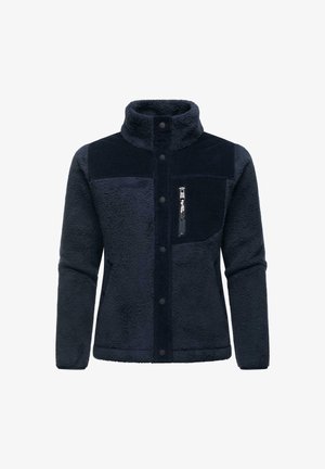 Laivastonsininen fleecetakki korkealla kauluksella, painonapeilla, vanuroiduilla yläosilla ja vetoketjullisella rintataskulla, esillä valkoista taustaa vasten edestä kuvattuna.