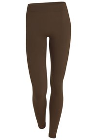 Leggings marroni realizzati in tessuto elasticizzato, dotati di un alto punto vita e di un design liscio e senza cuciture, privo di motivi o dettagli visibili.