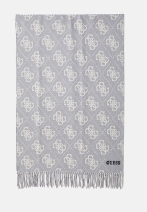 Grey scarf with repeating white logo pattern, fringed edges, and "GUESS" embroidered in black on the bottom right corner.