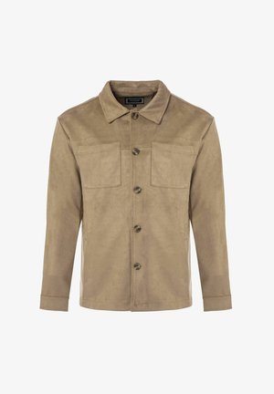 Zlatna zamak jakna s ovratnikom, prednjim gumbom i dva džepa na prsima. Ima dugačke rukave i glatku teksturu.