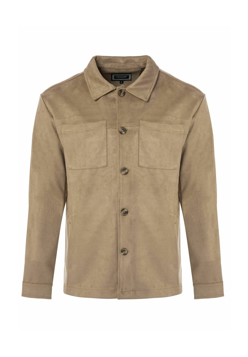 Hnedá semišová bunda s golierom, predným zapínaním na gombíky a dvoma náprsními vreckami. Má dlhé rukávy a hladký povrch.