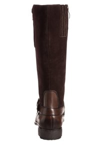 Botas altas de ante y cuero marrón vistas desde la parte posterior, con un tacón bajo y una cremallera en la parte superior del lado exterior.