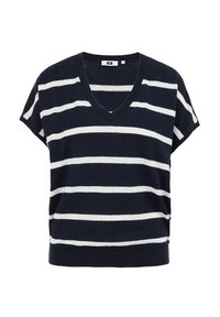 Randig topp i marinblått och vitt med kort ärm och V-ringning, tillverkad av mjukt tyg. Designen har breda horisontella linjer och en avslappnad passform.