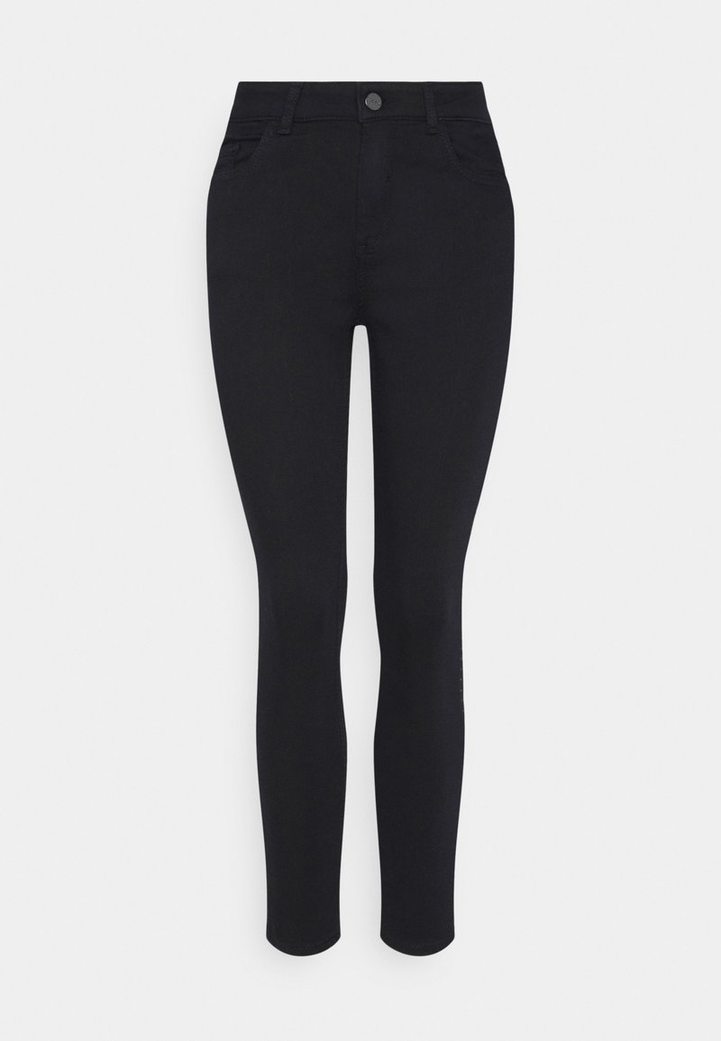 Pantalon skinny taille haute noir avec bouton avant et poches, présenté sur un fond uni clair.
