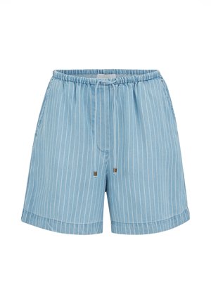 Pantaloncini azzurri chiaro con sottili strisce verticali bianche, fascia elastica in vita e coulisse frontale con punte metalliche.