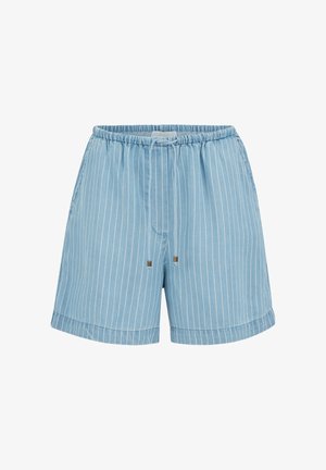 Hellblaue Shorts mit dünnen weißen vertikalen Streifen, elastischem Bund und vorderem Tunnelzug mit Metallenden.