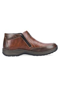 Braune Lederstiefel mit Reißverschluss, runder Zehenpartie, kontrastierenden Nähten und einer strukturierten Gummisohle. Schlankes Profil und ergonomisches Design.