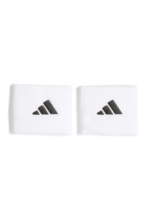Deux bandeaux de poignet blancs avec des logos Adidas noirs, présentés côte à côte sur un fond blanc.