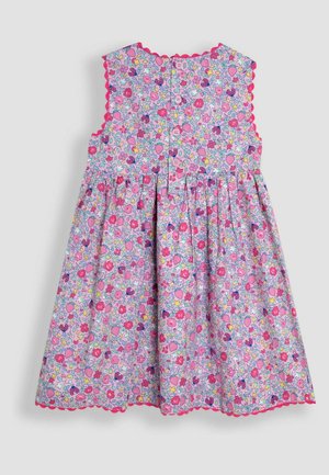 Ärmelloses Blumenkleid mit rosa, lila und gelben Mustern. Wellenförmiger Ausschnitt und Saum, mit Knöpfen auf der Rückseite. Leichter Stoff.