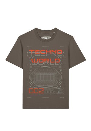 Brown short-sleeve t-shirt with red text "TECHNO WORLD" and geometric grid design, plus additional small graphic details and numbers.