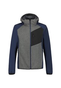 Giacca con cappuccio, maniche blu navy, parte anteriore grigia a trama, tasca diagonale nera sul petto e chiusura frontale con zip.