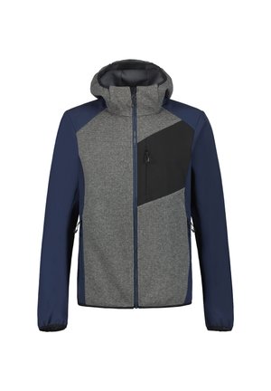 Kapuzenshirt mit dunkelblauen Ärmeln, grauer Strukturfront, schwarzer diagonaler Brusttasche und Frontreißverschluss.