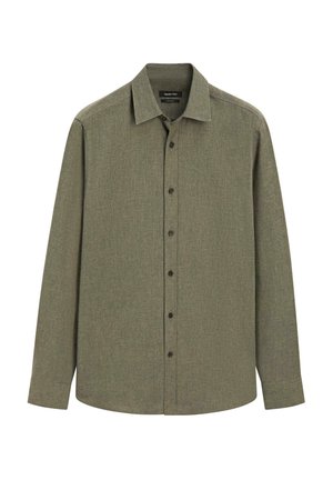 Chemise pour homme à manches longues de couleur vert olive, en tissu texturé, dotée d'un col classique, d'une fermeture boutonnée sur le devant et de poignets boutonnés.