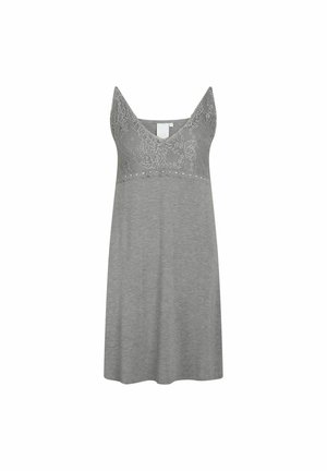 Szürke ruha csipkebodros felsőrészével és V-kivágásával. Puha anyag, enyhén lazább szabás, és a díszes csipke részletek a felső részen.