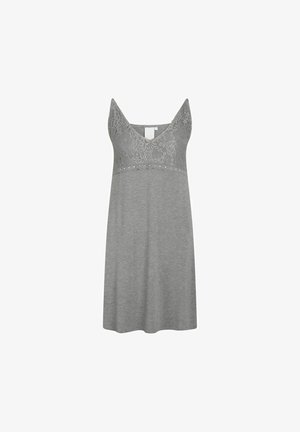 Szürke ruha csipkebodros felsőrészével és V-kivágásával. Puha anyag, enyhén lazább szabás, és a díszes csipke részletek a felső részen.