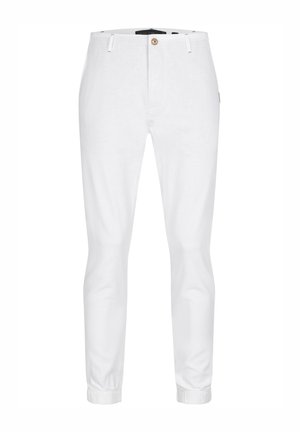 Pantalones de algodón blancos con un diseño ajustado, bolsillos frontales, cierre de un solo botón y dobladillos ceñidos. Textura suave y estilo minimalista.