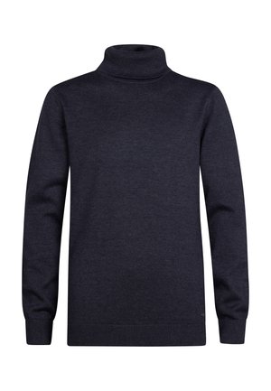 Dunkelblauer Rollkragenpullover aus gestricktem Stoff. Verfügt über lange Ärmel und gerippte Bündchen mit einem schlichten Design und ohne sichtbare Muster.