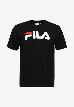 Schwarzes Baumwoll-T-Shirt mit großem weißem und rotem FILA-Logo auf der Brust. Kurze Ärmel und klassischer Rundhalsausschnitt.