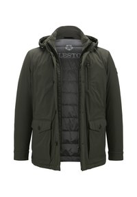 Olivgrüne wasserdichte Jacke mit einem Reißverschluss vorne, zwei großen Klappentaschen, Kapuze mit Kordelzug und gefüttertem Innenfutter.
