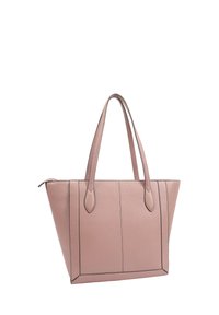 Sac fourre-tout en cuir rose avec deux longues anses, une forme structurée et des coutures contrastantes. Il présente une texture lisse et un design minimaliste.