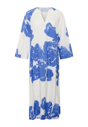 Valge pika varrukaga midi kleit, lahtise lõikega, V-kaelusega ja suurte ebaühtlaste siniste lillemustritega varrukatel, rinnal ja äärel.