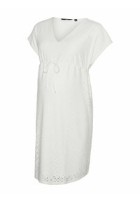 Robe blanche à manches courtes avec un décolleté en V et une taille à volants. Elle présente un tissu texturé avec des découpes à motifs et une coupe globale décontractée.