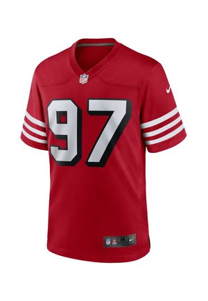 Rotes NFL-Trikot mit V-Ausschnitt, das die große weiße und schwarze Nummer 97 zeigt, drei weiße Streifen an den Ärmeln und ein Nike-Logo am Kragen.