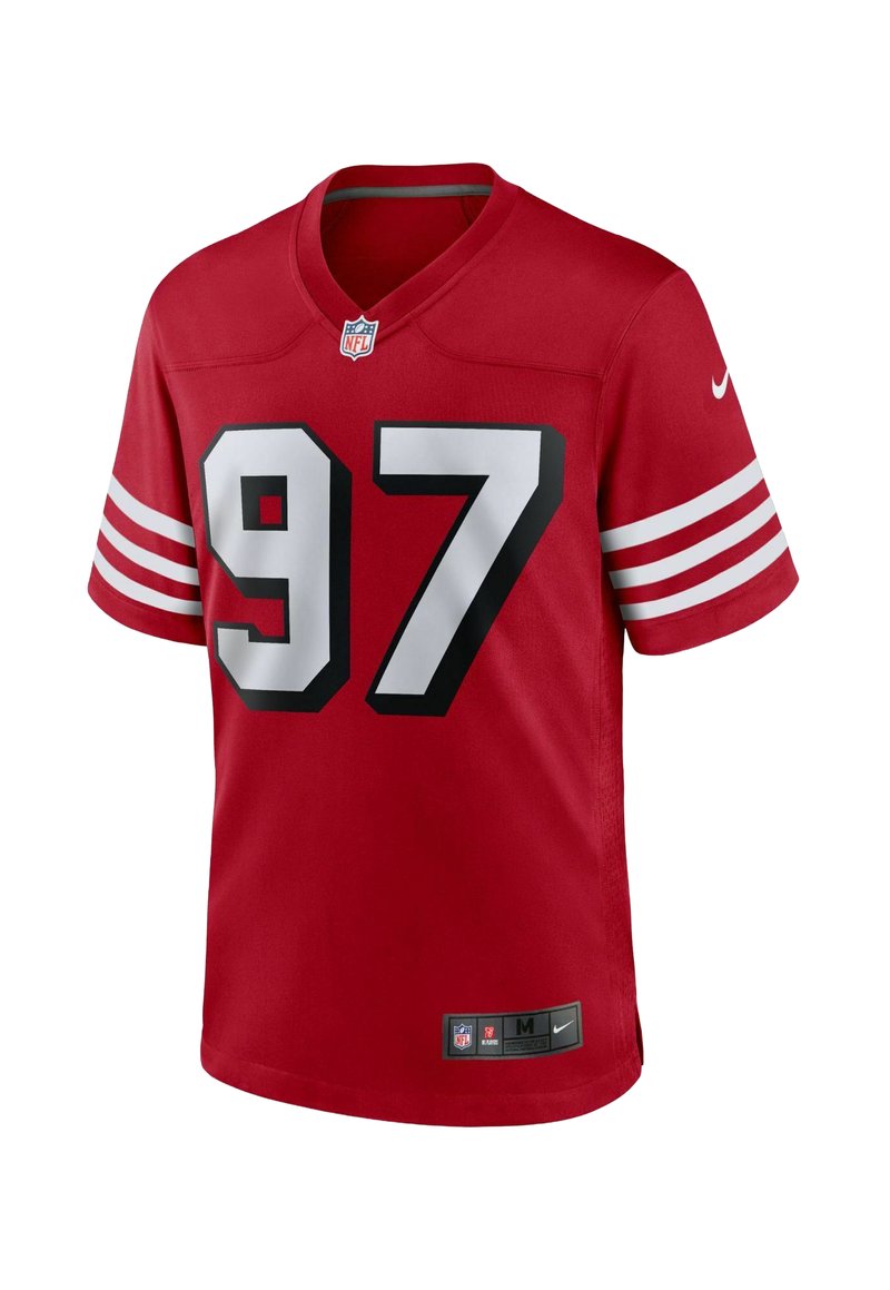 Maillot NFL rouge avec un col en V, présentant un grand numéro 97 en blanc et noir, trois rayures blanches sur les manches et un logo Nike sur le col.