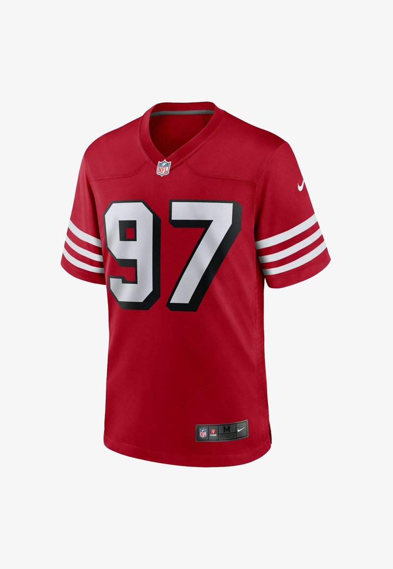 Maillot NFL rouge avec un col en V, présentant un grand numéro 97 en blanc et noir, trois rayures blanches sur les manches et un logo Nike sur le col.