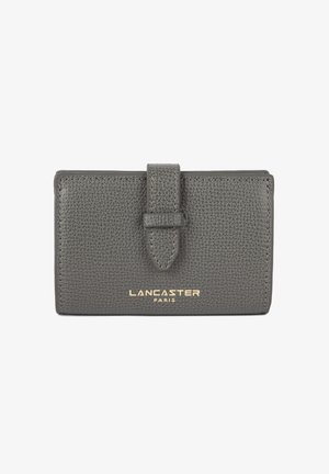 Gray leather wallet, textured finish, rectangular shape, featuring a clasp closure and embossed logo in gold at the bottom.