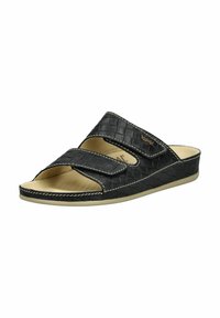 Zwarte geweven slide sandalen met een open teen en twee verstelbare banden. Kenmerkend zijn de contrasterende witte stiksels en een beige rubberen zool.