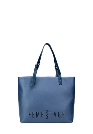 Niebieska torba typu tote z faux skórki z dwoma ramiączkami na ramię i wytłoczonym logo "FEMESTAGE" z przodu. Gładka struktura o minimalistycznym designie.