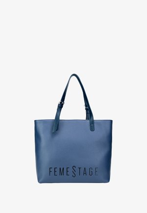 Blue faux leather tote bag with two shoulder straps and embossed "FEMESTAGE" logo on the front. Smooth texture with minimal design.